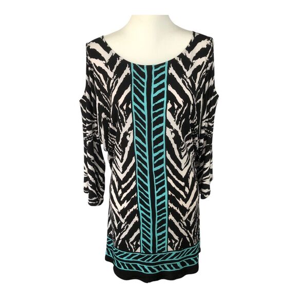 Evo Vorro Shift Tunic Dress Abstract Print Artsy Cold Shoulder Long Sleeve Top M - Picture 1 of 7